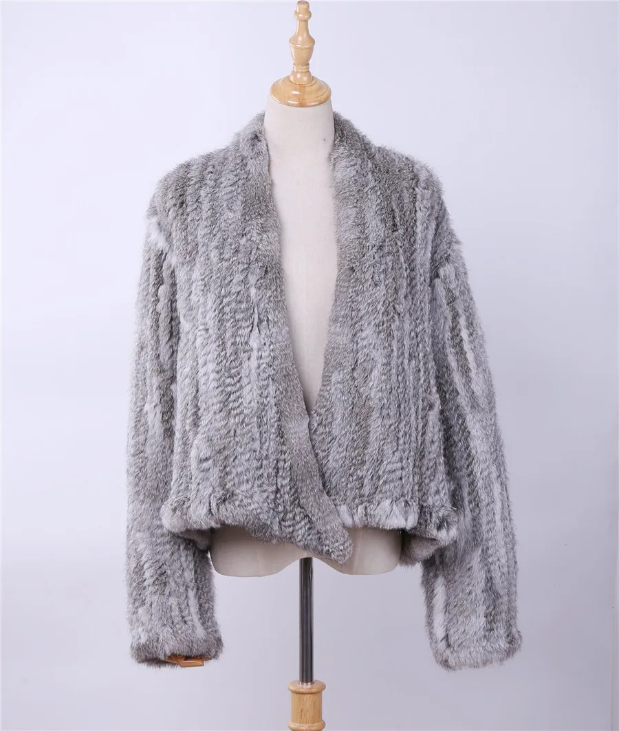 Natural Grey Женское пальто-кардиган из натурального кроличьего меха, куртка для девочек, вязаная верхняя одежда из натурального кроличьего меха ручной работы с необычным воротником - Цвет: Natural Grey