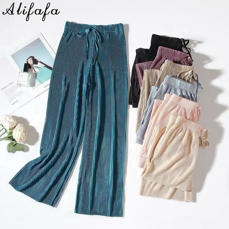 

Размера плюс M-4XL женские летние широкие брюки плиссированные штаны шифоновые свободные пляжные шорты эластичный ледяной шелк тонкий с высокой талией длинные брюки