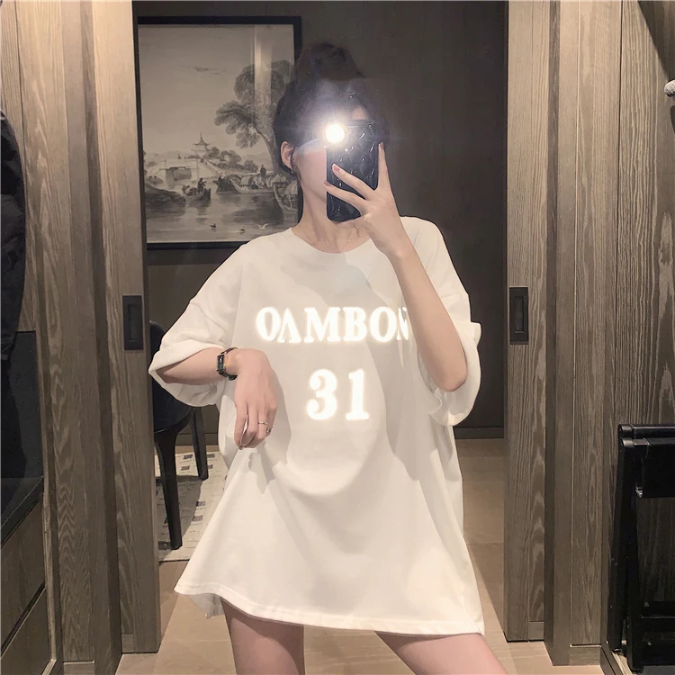 

YTX386 2021 New Retro Hong Kong Flavor Loose Mid-length Reflective Letter Blouse Missing Short Sleeve T-Shirt