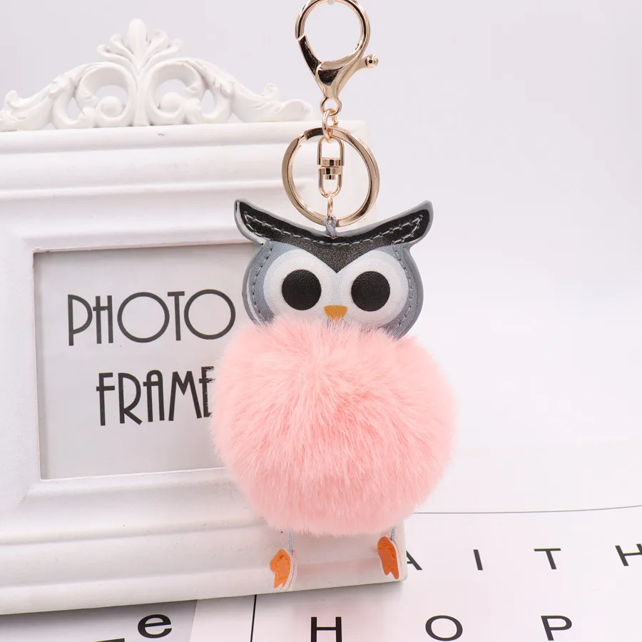 

1pcs Cute Pompom Owl Keychain PU Leather Animal Owl Plush Keychain Mobile Phone Backpack Pendant Key Ring Couple Jewelry Gift