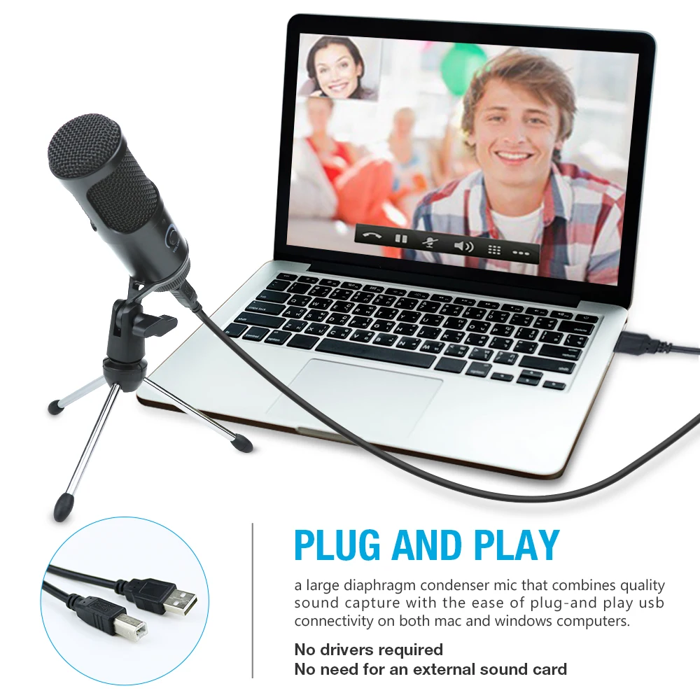 Конденсаторный микрофон с подставкой USB для ПК ноутбука YouTube видео чата игр