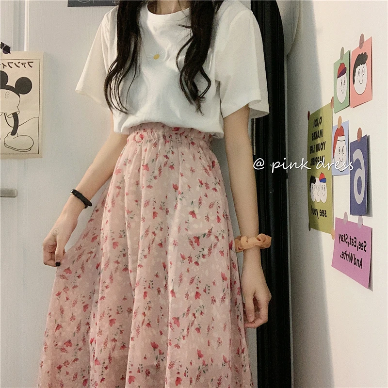 

Сезон: Весна-Лето Элегантный шик белые шифоновые кружевные юбки для женщин мода все-матч с высокой талией, эластичные Цветочный принт подкл...