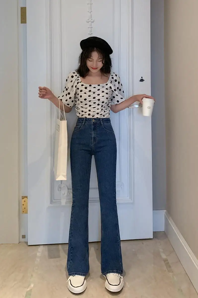 джинсы женские синие расклешенные скинни длинные джинсовые брюки винтажные 2019