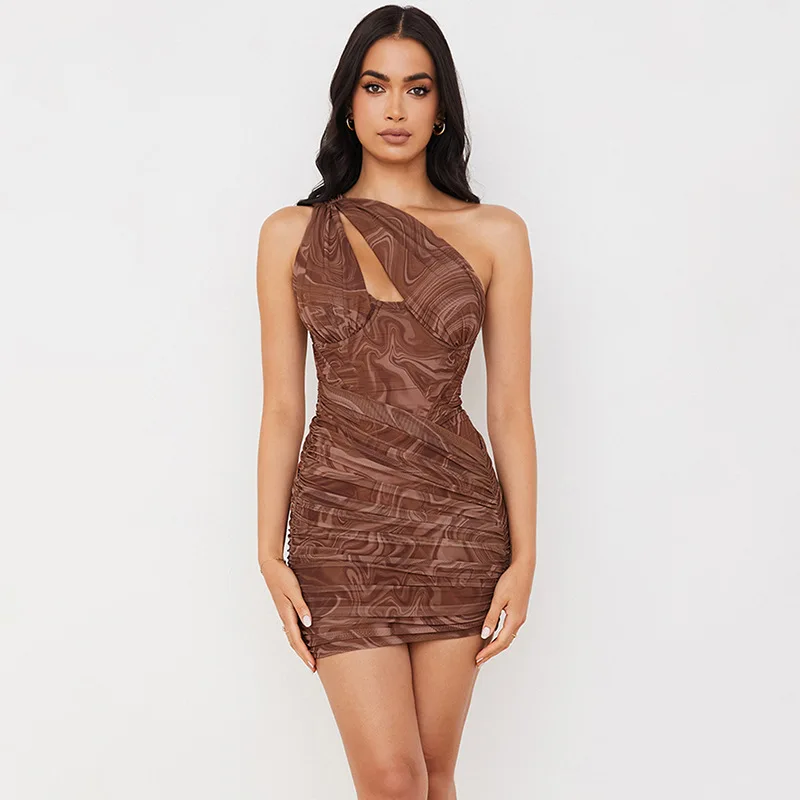 

2021Fashion Dress Women's Sleeveless Hollow Bodycon Mini Club Evening Party Summer New Sexy Leopard Print One-Shoulder Bandage