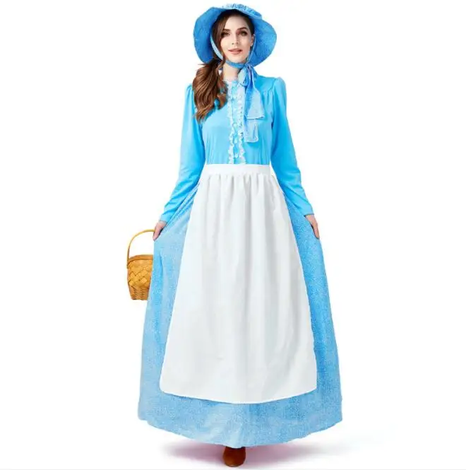 

Женское платье горничной в европейском стиле, костюм горничной в колониальном стиле, косплей, синий полный комплект (платье + фартук + шляпа)