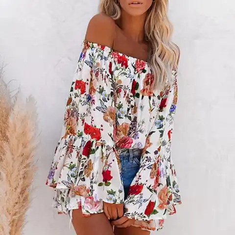 Women Blouse Sexy Off Shoulder Long Flared Sleeve Floral Print Loose Blouse shirt Top oman fashion 2020 elegant ropa de mujer