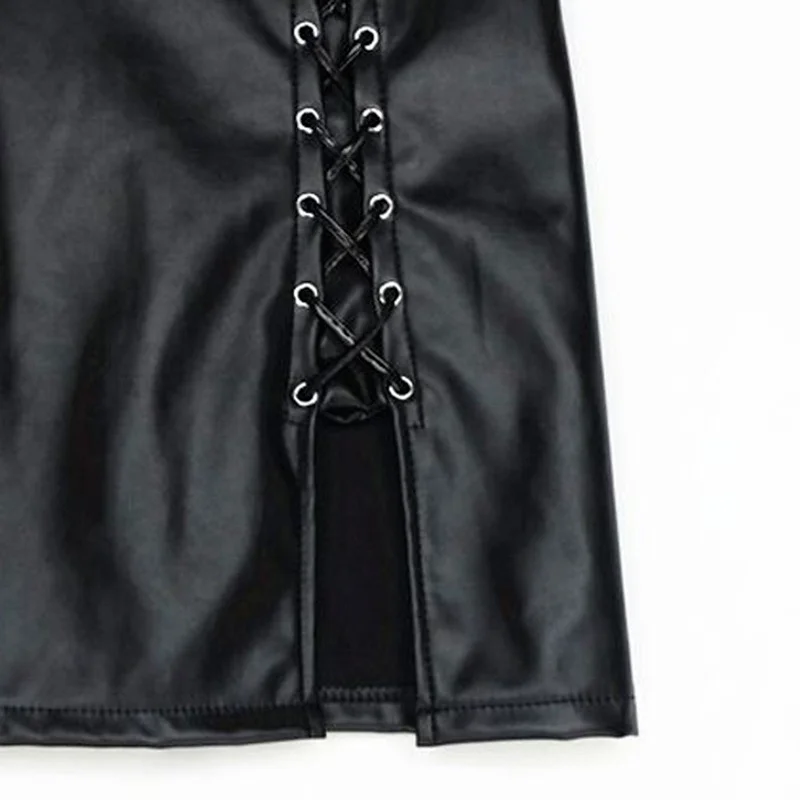 

Fashion Sexy Lace Up Bandage PU Leather Skirt Black Summer Women High Waist Club Party Tight Pencil Stretch Short Mini Skirts