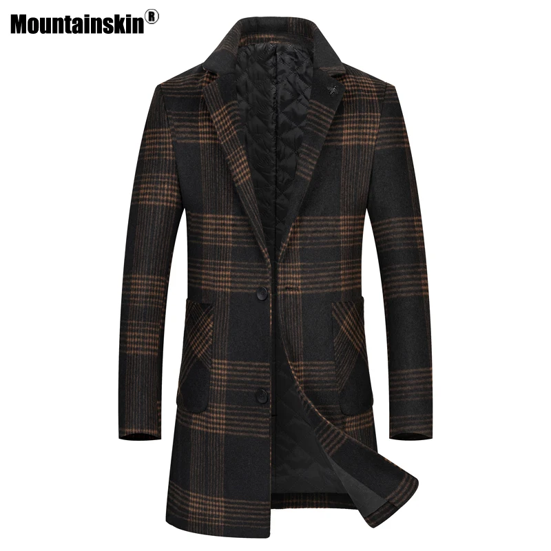 Mountainskin Winter Men Plaid Wool Coats New Mens Windproof Warm Thick Wool Windbreaker High Quality Long Coats Male MT019