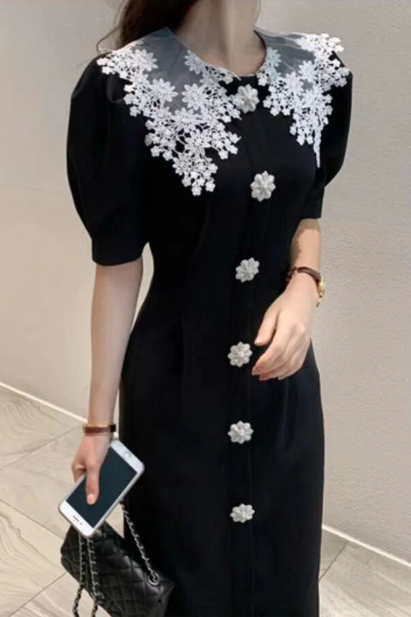 

Maxi Dress Promotion Polyester O-neck Women's Dress 2020 Summer New French Lady Hepburn Style Waist Slimming Bubble Sleeve Lace