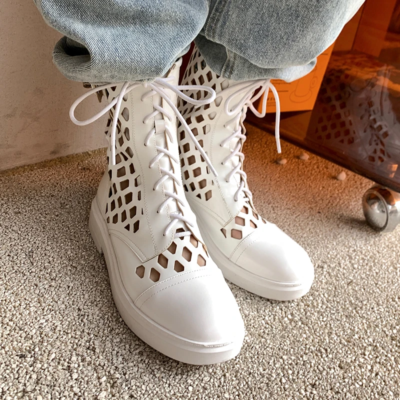 Harga Sepatu Bot Pergelangan Kaki Wanita Musim Panas Populer Sandal Berongga Kulit Asli Buatan Tangan Sepatu Wanita Wedges Sol Lunak Sepatu Bot Martin Wanita Ritsleting