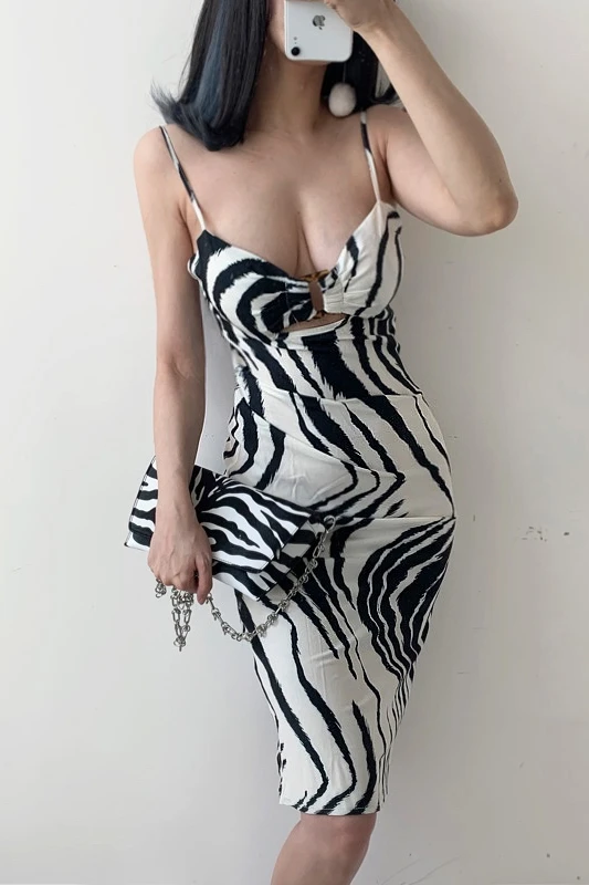 

XUXI Zebra Pattern, Holiday Beach Skirt, Irregular Stripe, Low Cut, Boat Neck, Pleat E961