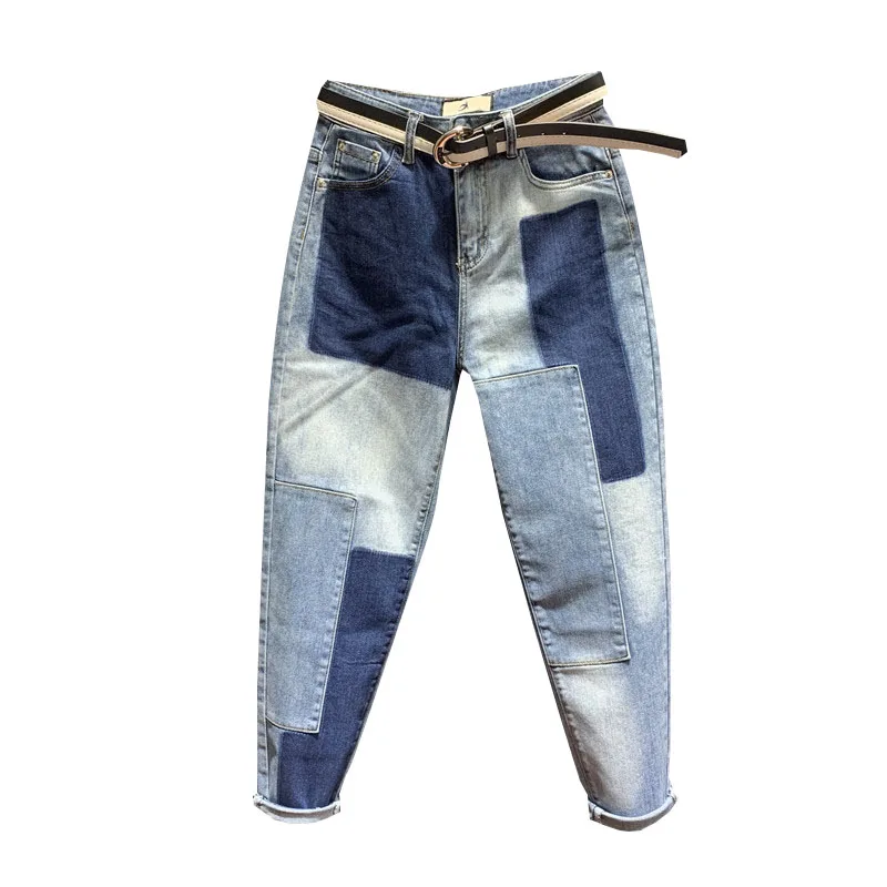 

New Harajuku High Waist Color Block Jeans Trousers Women 2020 Spring New Korean Irregularly Patched Denim Harem Pants