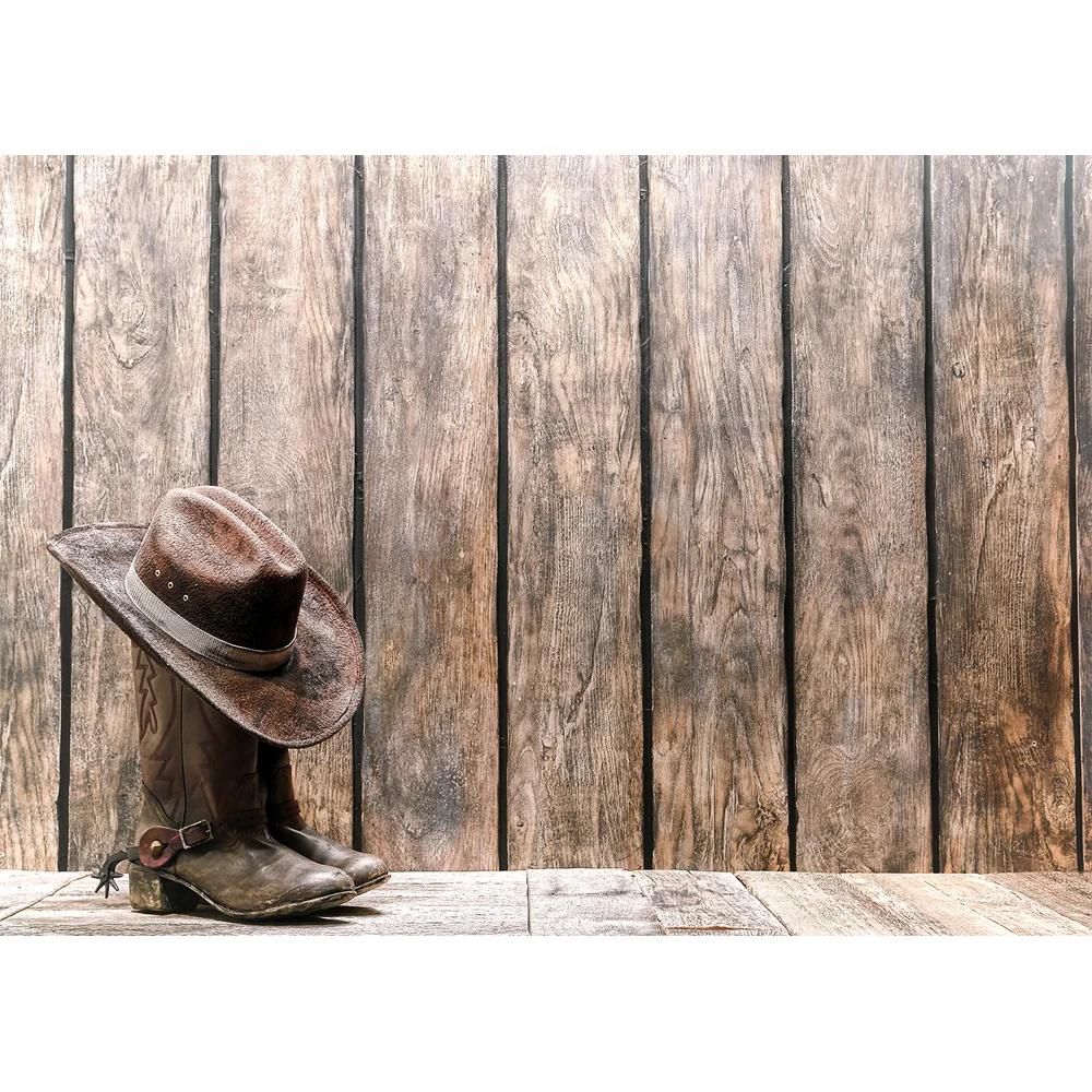 Retro Wild Western Cowboy Photography Backdrop Boot and Hat Rustic Brown Wood Wall Floor Photo Background For Booth | Электроника