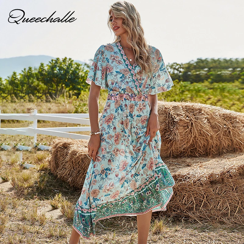 

Floral Print Summer Dress Women 2021 Butterfly Sleeve Vintage Midi Dress Casual Holiday Boho Beach Dress Vestidos Green Sundress