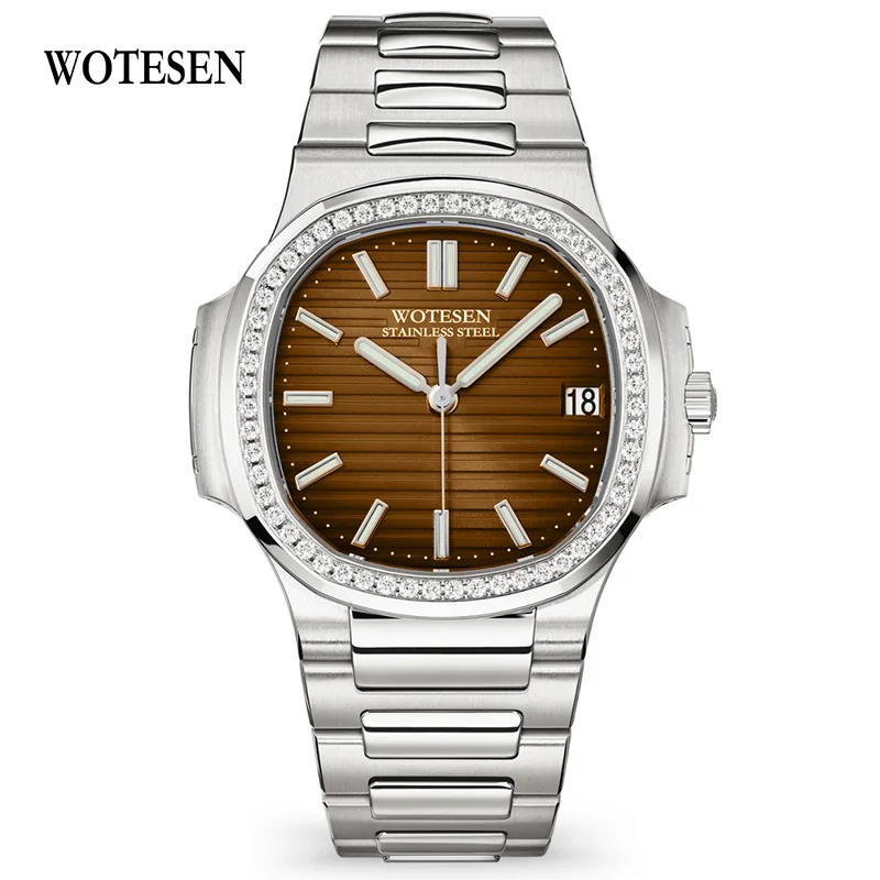 Silver Brown WOTESEN Top Mens Diamond Watches Quartz Brand Luxury Watches Men Quartz Steel Army Military Watches Male Business Wristwatch - Цвет: Silver Brown