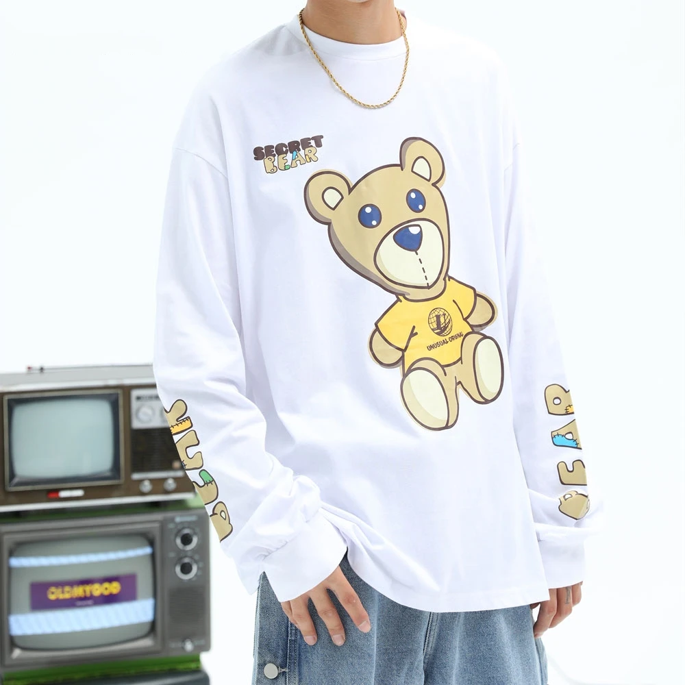 

Dropshipping Harajuku Cartoon Bear Printed Long Sleeve T Shirts Men Casual Loose Cotton Tops Hip Hop Streetwear Fashion Tshirts