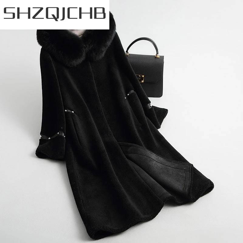 

JCHB 2021 Women's Fur Coat Real Wool Female Jacket Sheep Shearing Jackets Warm Winter Natural Fox Fur Hooded Long Coats Fashion