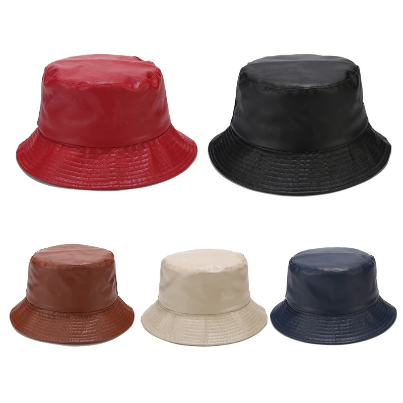 

Unisex Faux Leather Wide Brim Bucket Hat Matte Solid Color Panama Fisherman Cap M5TE