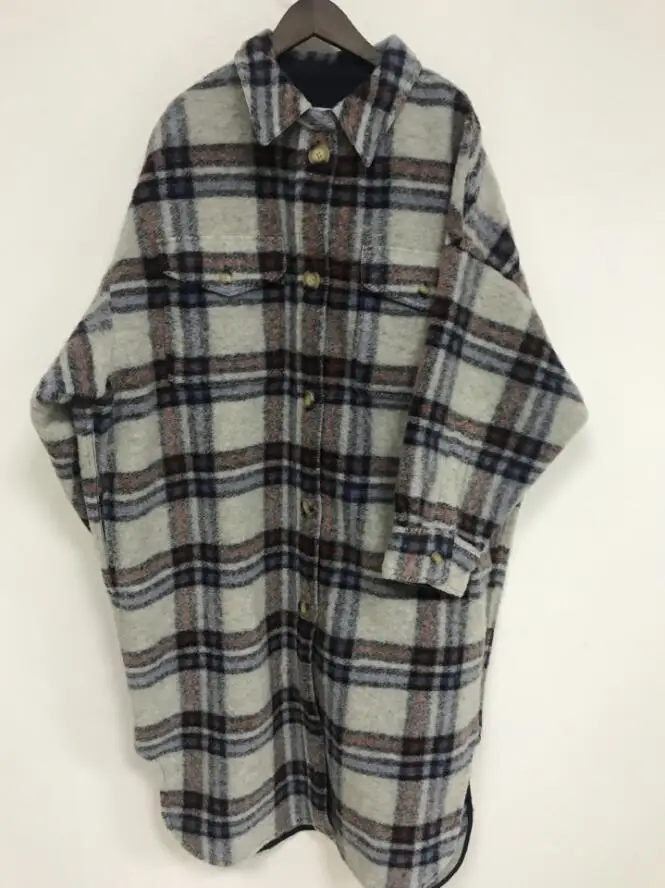 Осенне-зимнее клетчатое шерстяное пальто однобортный жакет с карманами женская