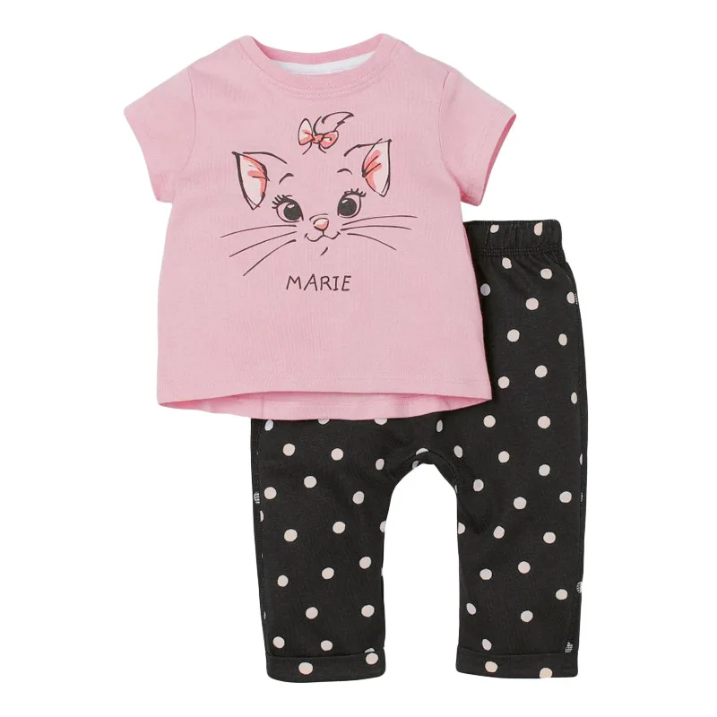 

2021 Summer New Fashion Toddler Girl Clothes Casual Cotton Pink Cat Letter Print Children Set Animal T Shirt + Dot Pants 20719