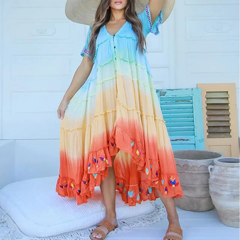 

2021 Summer Dress Colorful Butterfly Print Single-breasted Patchwork Hem Ruffled Long Fashionable Bohemian Dress Elegant Dress