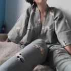 Пижамный комплект, японское кимоно, юката, Женская домашняя одежда с принтом в виде кошки, мужской банный халат, Мягкий Топ, штаны, ночная рубашка, японская одежда для влюбленных