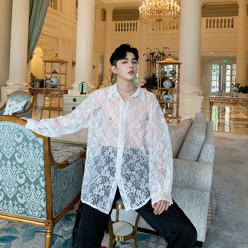 Мужская свободная повседневная рубашка из прозрачной органзы с вышивкой и