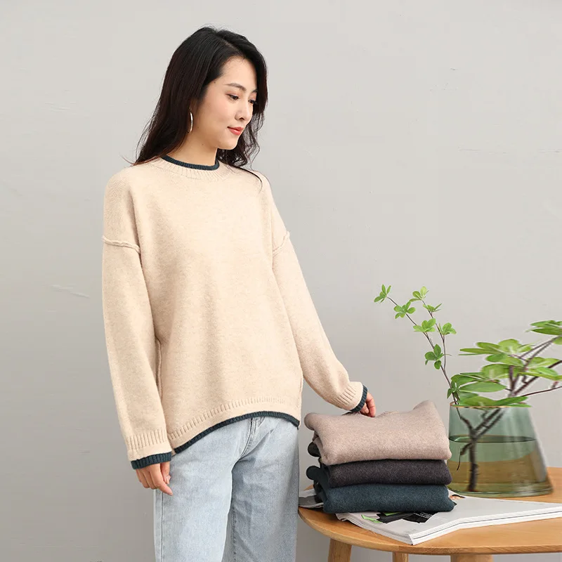 

Женский осенне-зимний вязаный пуловер свободного кроя с рукавами-фонариками и круглым вырезом