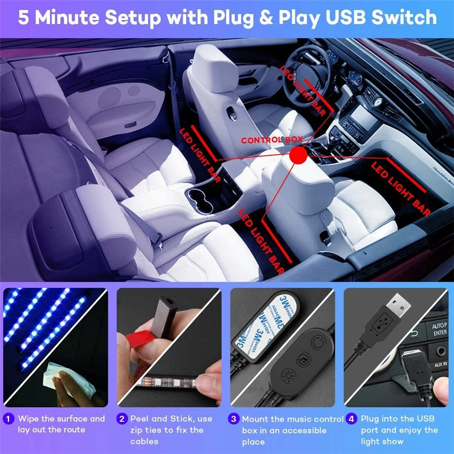 

4 Pcs 12V Car Interior RGB LED Strip Lights Controller Decoration Accessories