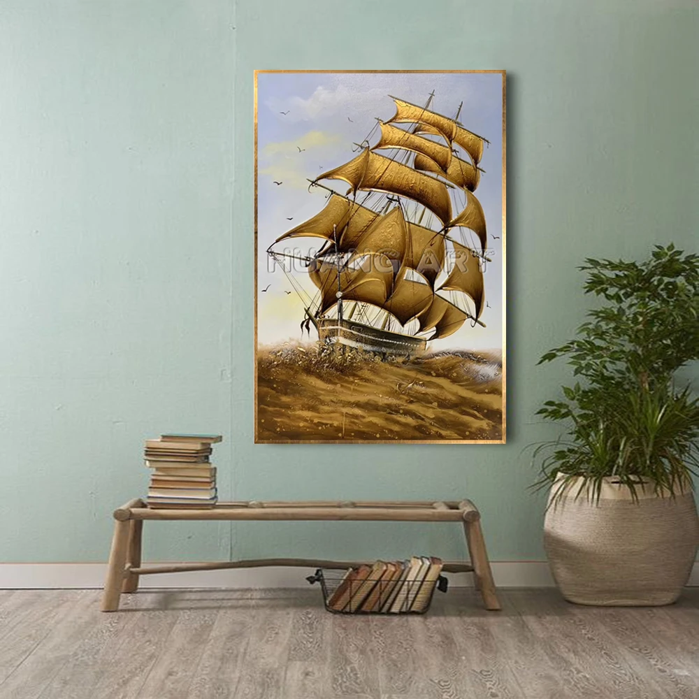 Hand-painted Modern Gold Sail Oil Painting on Canvas for Living Room Decor Handmade Sailboat Sea Landscape Texture | Дом и сад