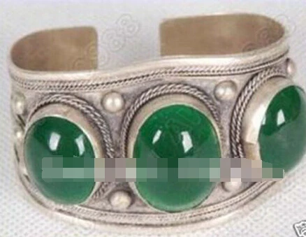 &gt Этнические резные три зеленый нефрит тибетский серебряный Регулируемый