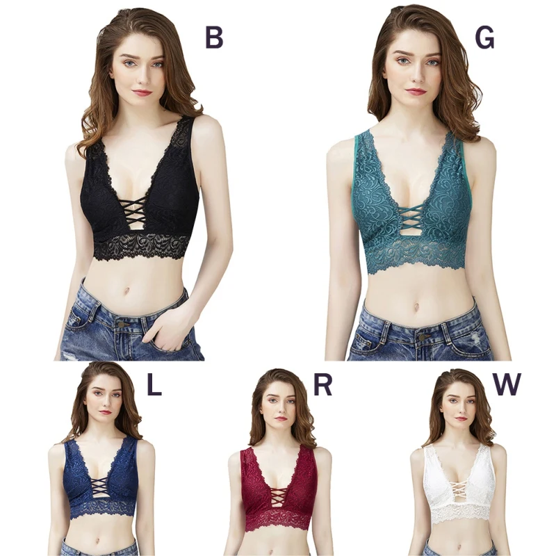 

New Fashion Bra Ladies Sexy Lace Print Deep V-Neck Solid Color Camisole Solid Color Women's Underwear