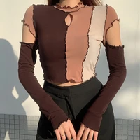 fashion frill hollow out crop top tshirt women autumn long sleeve t shirt ladies basic patchwork top tees streetwear clothing