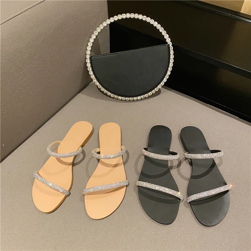 

Zar a Woman 2021 Flat Shoes Spring Summer New Sexy Fashion Rhinestone Round Toe Flat-Heeled Slippers Beach Sandals For Women