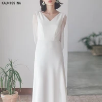 kaunissina simple v neck white wedding dresses plus size long sleeve cheap bride marriage dress satin a line beach wedding gowns