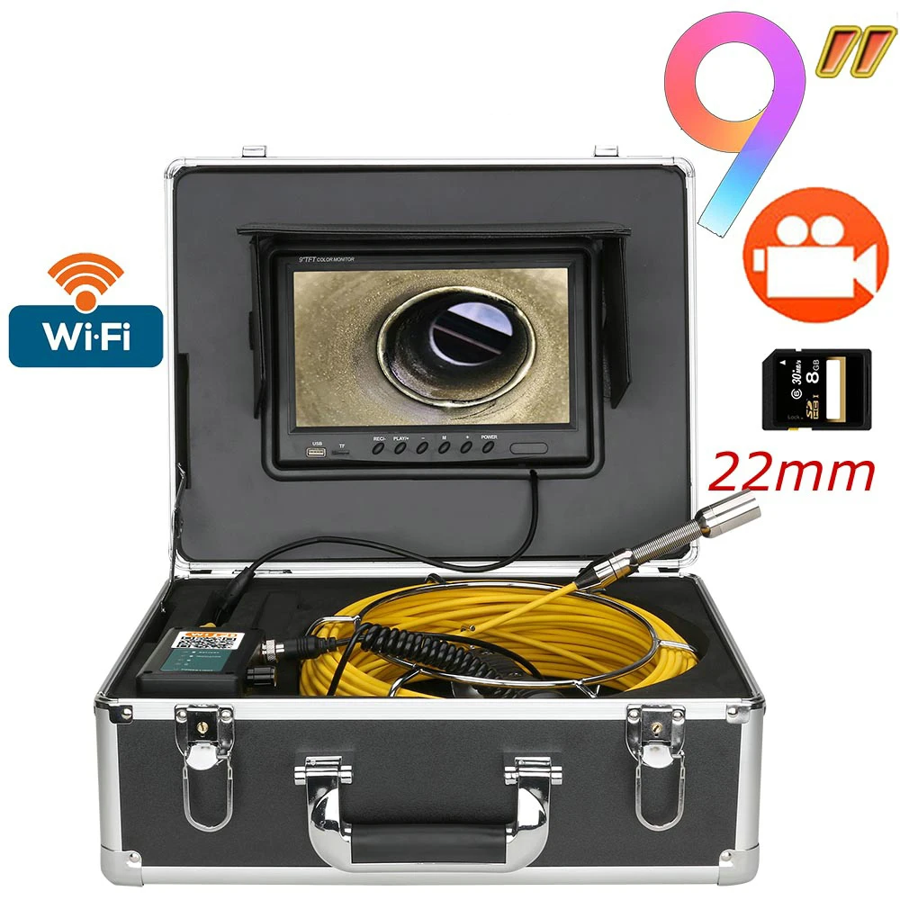 

9" Monitor 30/40/50M Pipe Inspection Video Camera, WiFi Wireless DVR HD1000TVL Drain Sewer Pipeline Industrial Endoscope System