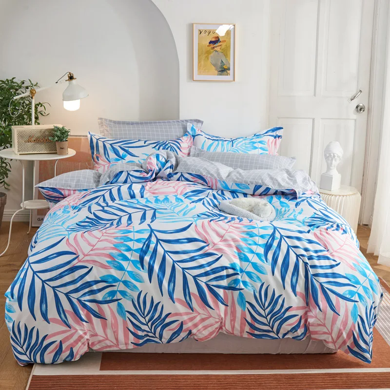 

Cotton Duvet Cover 3/4 Set White Bed Sheet Pink And Blue Leaf Pattern Fashion Home Textiles Soft Breathable Oceania
