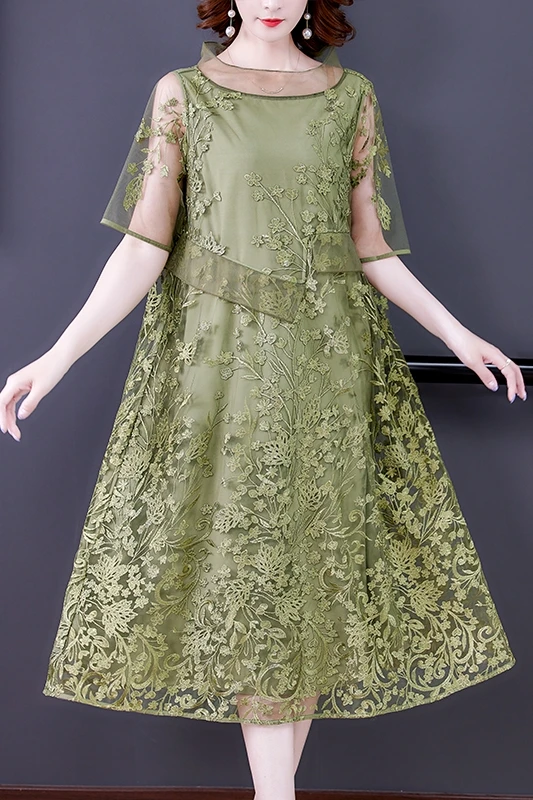 

COIGARSAM Women Long Dress Summer 2021 New Vintage Loose Short Sleeve Embroidery Mesh O-Neck Pink Green Dresses Traf Robe