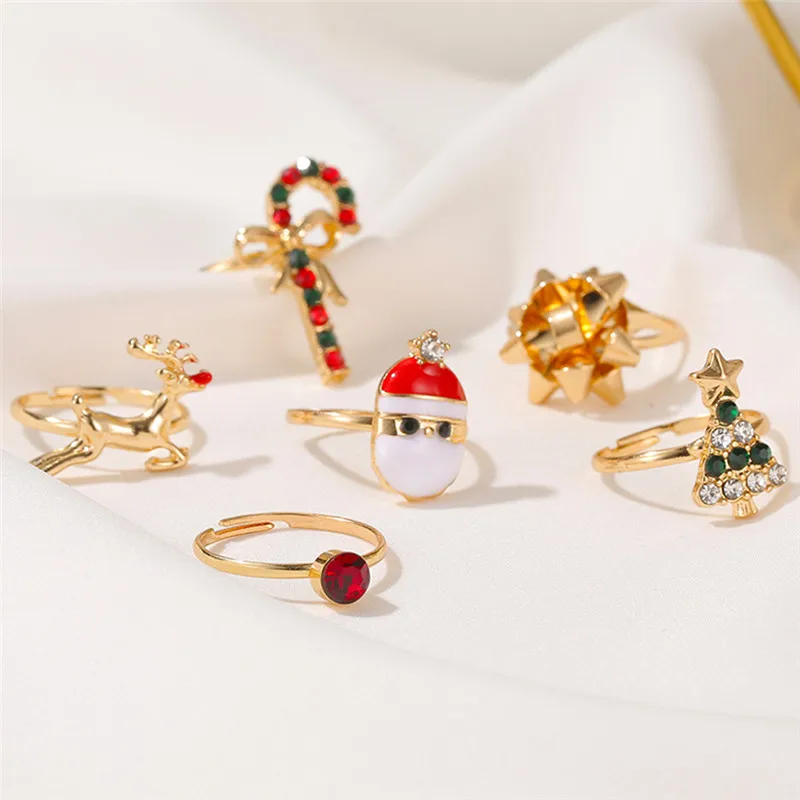 

Christmas Elk Santa Claus Christmas Tree Rhinestone Adjustable Knuckle Ring For Women Charm Deer Festival Ring Jewelry Gifts