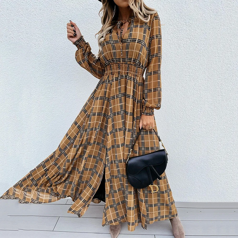 

Женское платье с длинным рукавом, V-образным вырезом и разрезом