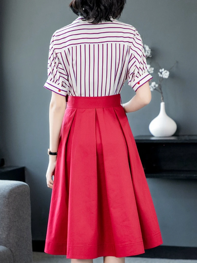 Платье-рубашка женское в полоску офисное длинное платье миди с полурукавами