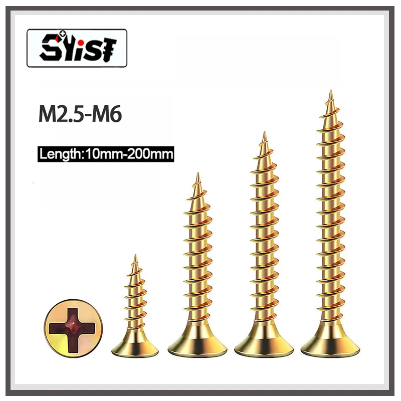 

250g Cross Countersunk Fibreboard Chipboard Screws M2.5 M3 M3.5 M4 M5 M6 Yellow Zinc Flat Head Phillips Self Tapping Wood Screw