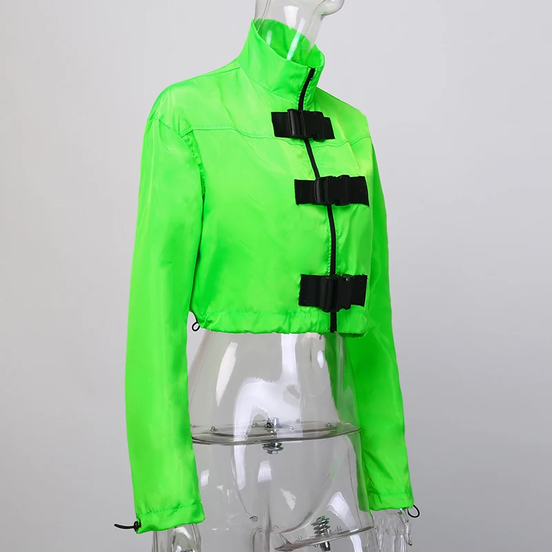 Goocheer Neon Green/женская Повседневная ветровка на молнии с пряжкой и длинным рукавом, новая модная уличная одежда, эластичное пальто с завязками