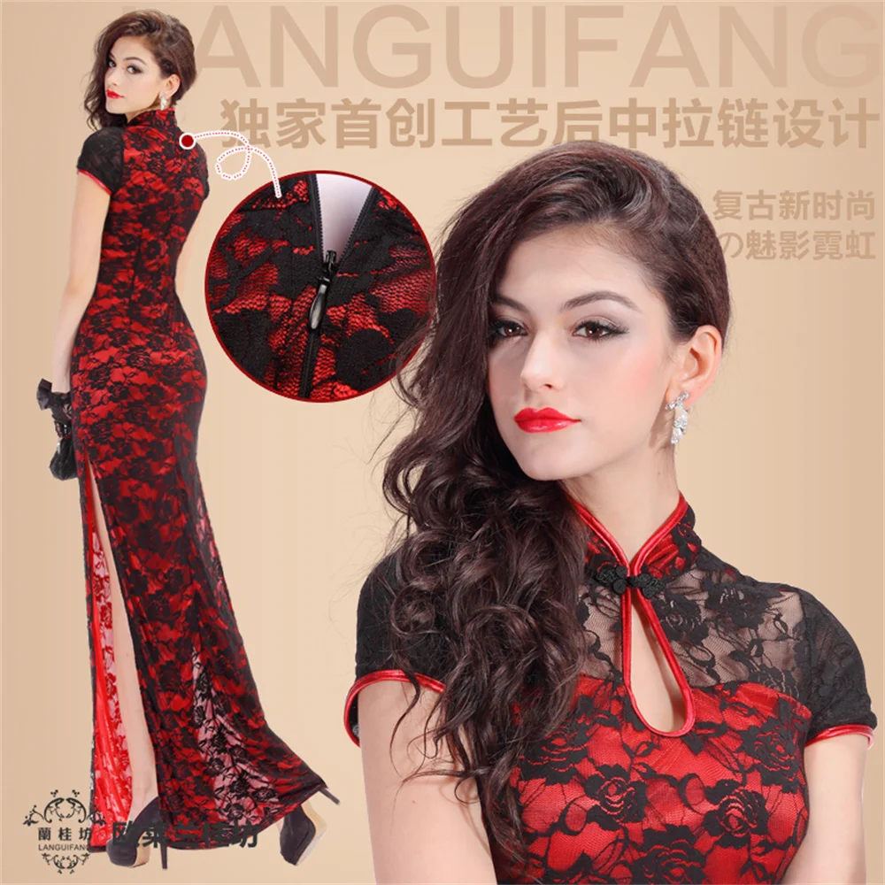 

Red Chinese Women Dress Vintage Lace Long Qipao Elegant Chinese Evening Cheongsam