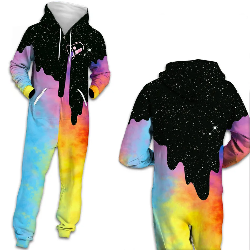 

Женский Цветной комбинезон с рисунком Галактики, чашка молока, принт Ленивец, домашний комбинезон, свободный, с капюшоном, на молнии, один пр...