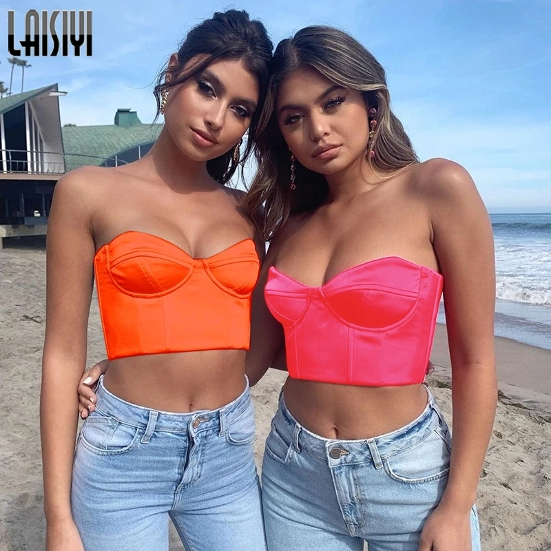 Женский атласный короткий Топ без бретелек LAISIYI модный однотонный бюстье рукавов
