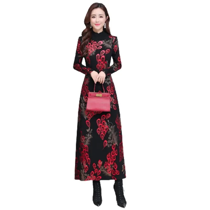 

Women Knitting Splicing Dress Autumn Winter Thick Dresses Middle-aged Female Add Velvet Warm Winter Dress Mujer Vestidos 4XL