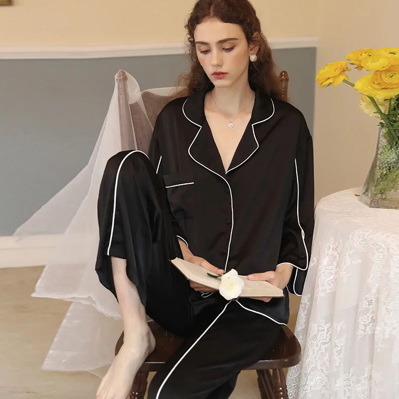 

Women Pajamas Set 2021 Spring and Autumn Silk Long Sleeve Trousers Loose Nightwear French Thin Satin Homewear New 4 Colors