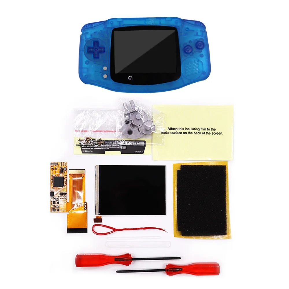 

GBA IPS V2 high brightness Backlight LCD Screen Mod Kits w/Clear Dark Blue Buttons for Game Boy Advance&Pre-Cut Housing Shell