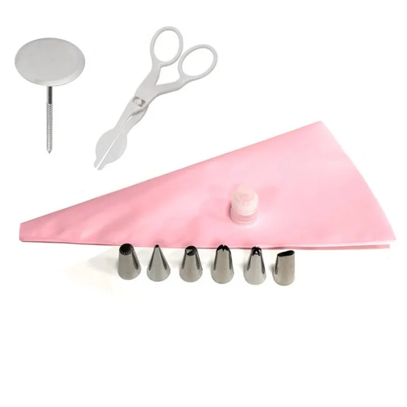 

10PC/SET Silicone DIY Icing Piping Cream Pastry Bag 6pc Cake Nozzle Tips Decorating Tools Nail Lifter Needles Flower Scissors